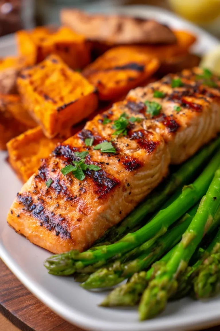 Grilled Salmon with Asparagus & Sweet Potatoes High Protein Meal Prep